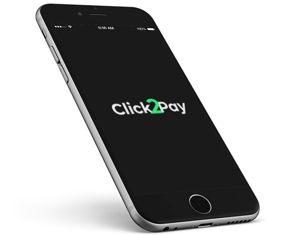 Celular Iphone flutuando com a logo da Click2Pay no centro da tela.